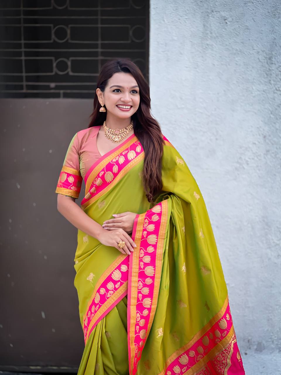 Parrot Green & icultural Premium Luxury Silk Saree with Elephant Zari Motifs & Heavy Lotus Border
