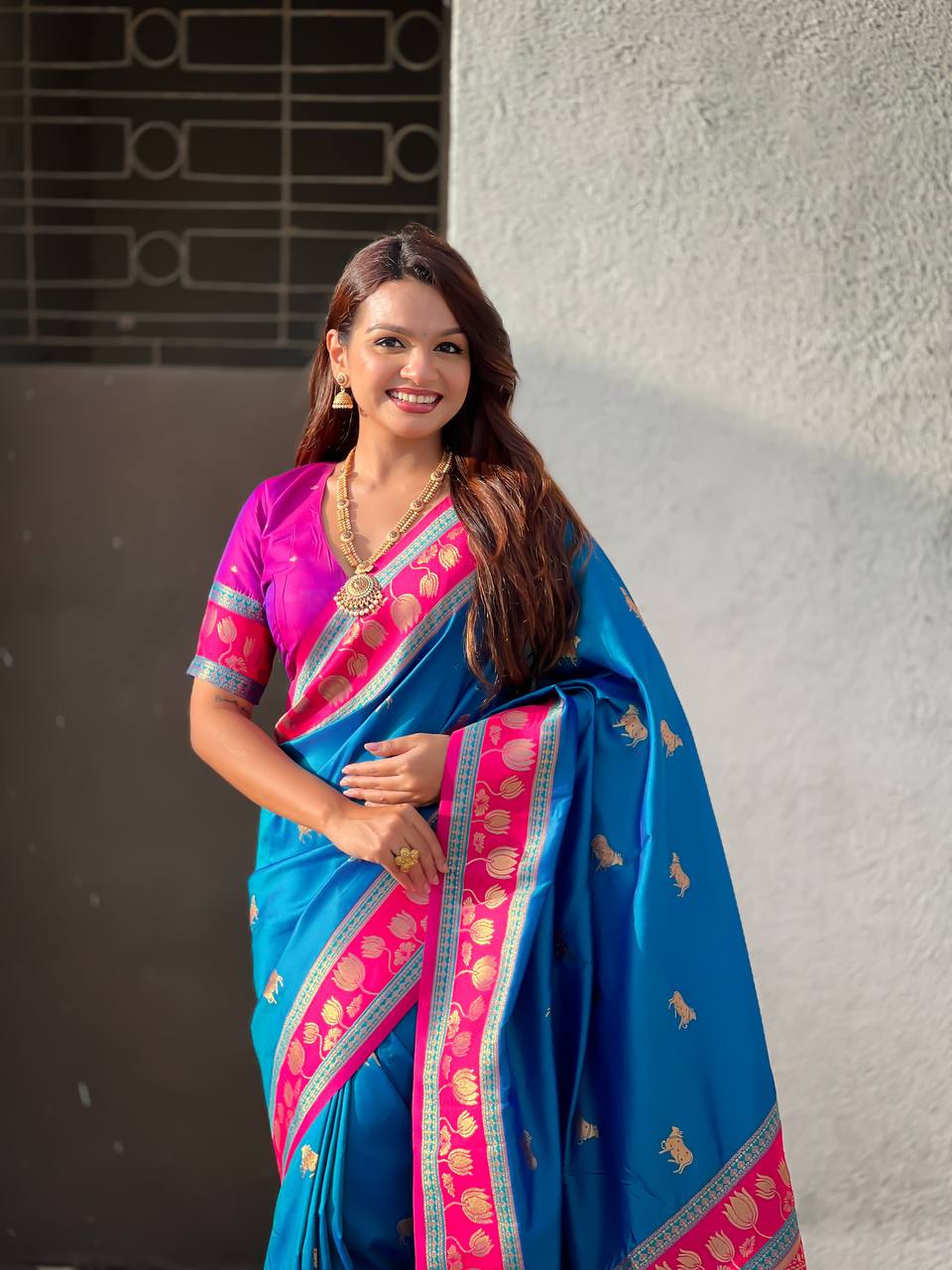 icultural Blue & icultural Premium Luxury Silk Saree with Elephant Zari Motifs & Heavy Designer Border