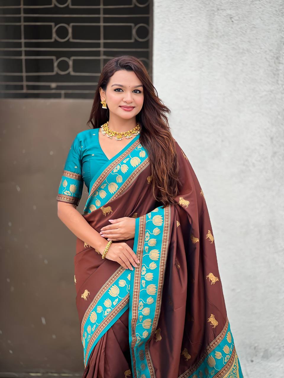 Chocolate Brown & Peacock icultural Premium Luxury Silk Saree with Elephant Zari Motifs & Grand Lotus Border