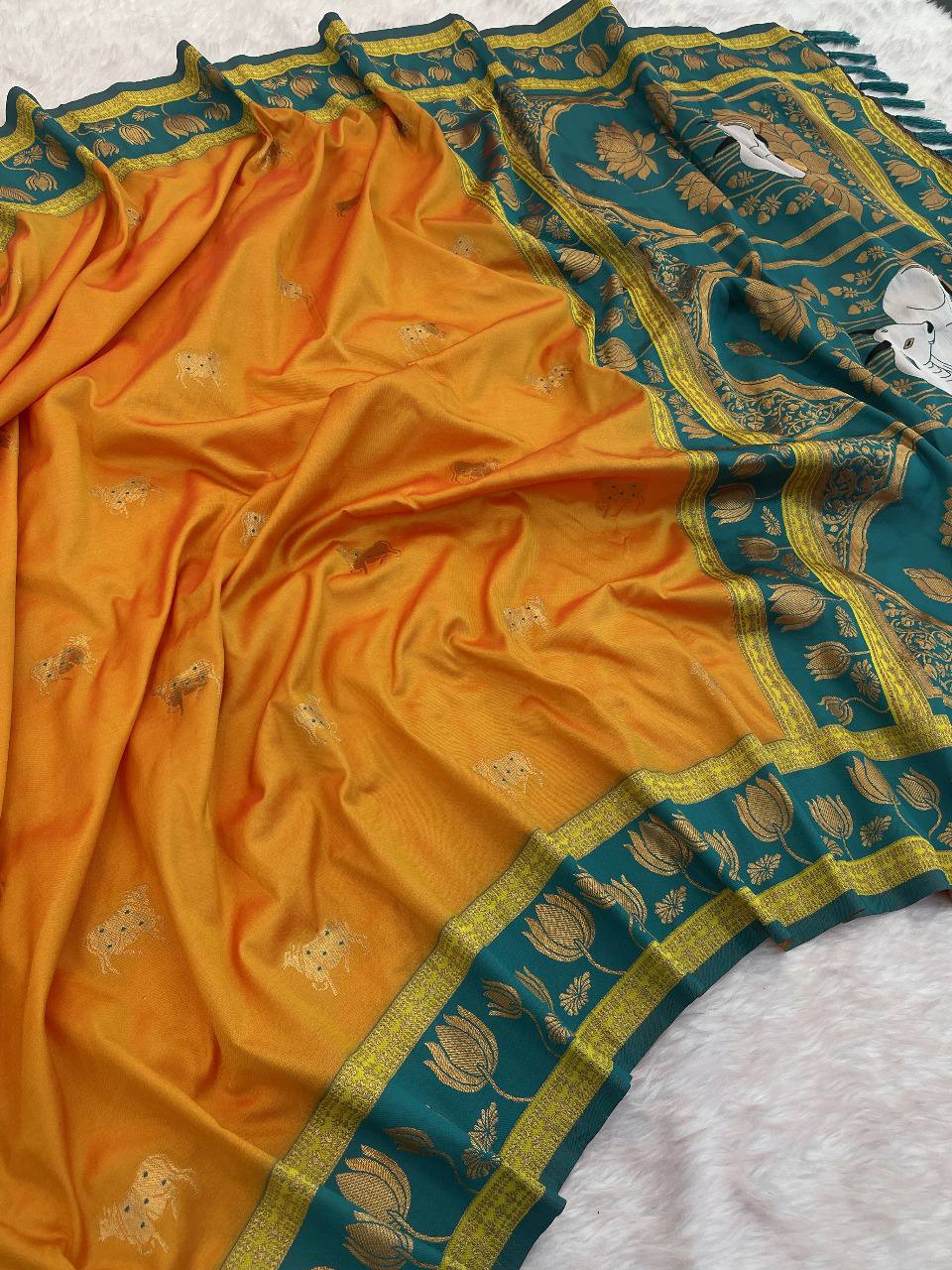 Mustard Gold & icultural Green Premium Luxury Silk Saree with Gold Zari Lotus Border & Royal Pallu