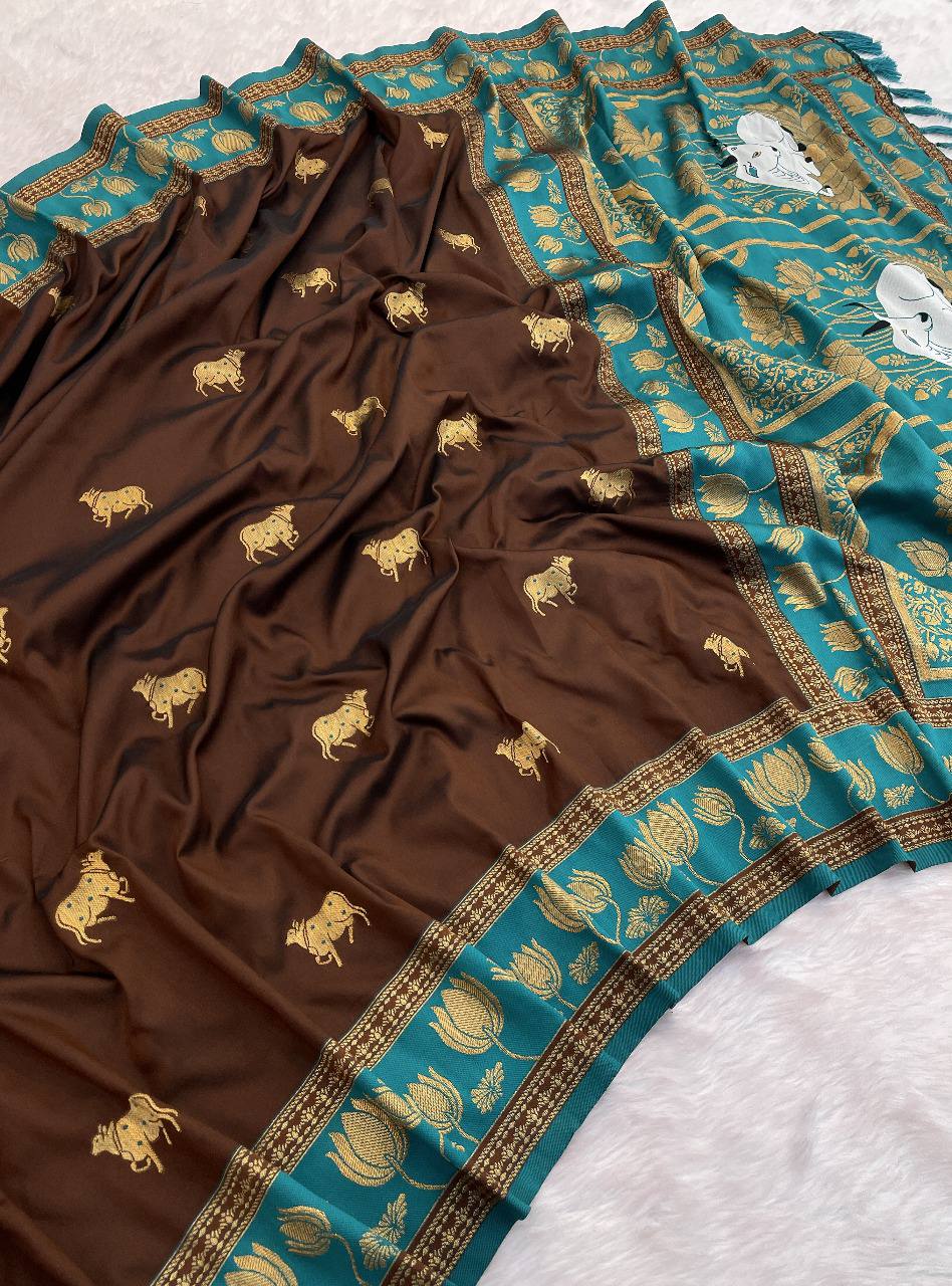 Chocolate Brown & Peacock icultural Premium Luxury Silk Saree with Elephant Zari Motifs & Grand Lotus Border