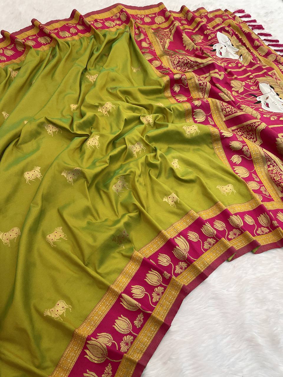 Parrot Green & icultural Premium Luxury Silk Saree with Elephant Zari Motifs & Heavy Lotus Border