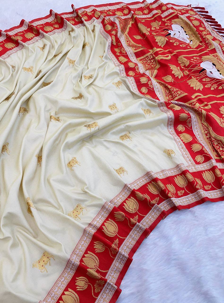 icultural White & Crimson Red Premium Luxury Silk Saree with Gold Lotus Zari Border & Royal Pallu