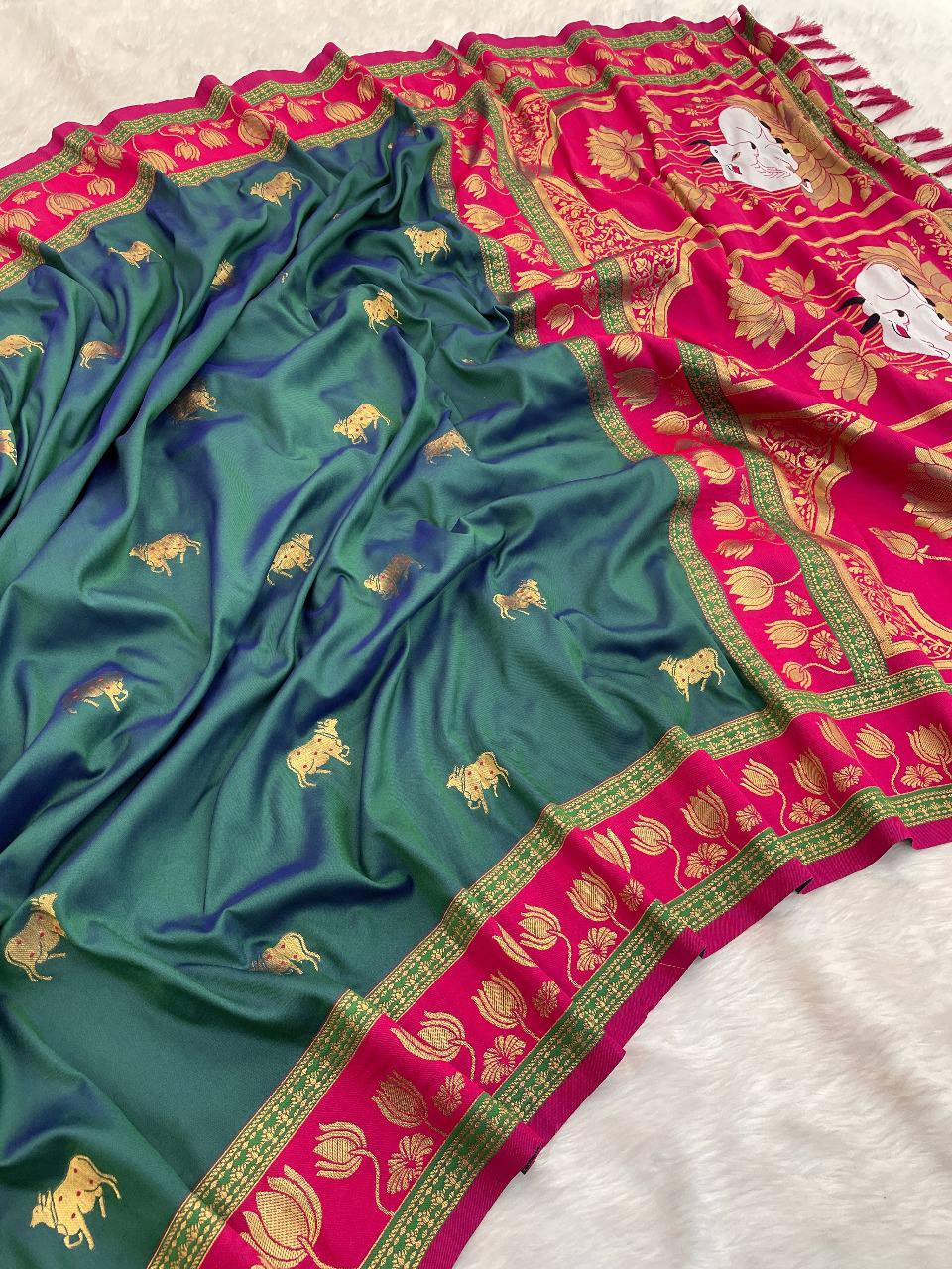 icultural Green & Rani Pink Premium Luxury Silk Saree with Elephant Zari Motifs & Grand Lotus Border