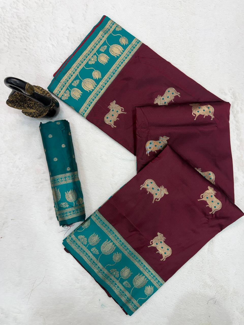 Chocolate Brown & Peacock icultural Premium Luxury Silk Saree with Elephant Zari Motifs & Grand Lotus Border