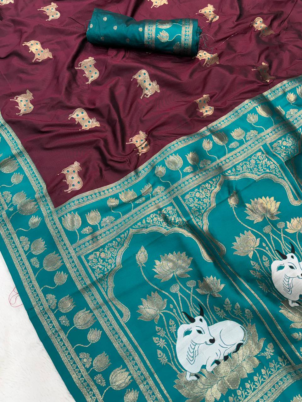 Chocolate Brown & Peacock icultural Premium Luxury Silk Saree with Elephant Zari Motifs & Grand Lotus Border