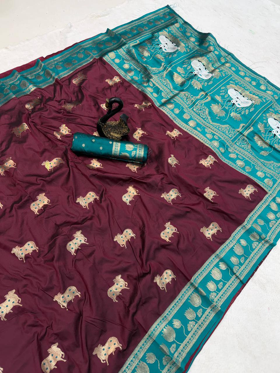 Chocolate Brown & Peacock icultural Premium Luxury Silk Saree with Elephant Zari Motifs & Grand Lotus Border