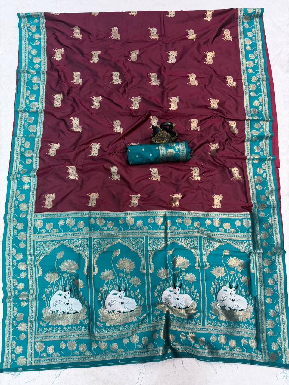 Chocolate Brown & Peacock icultural Premium Luxury Silk Saree with Elephant Zari Motifs & Grand Lotus Border