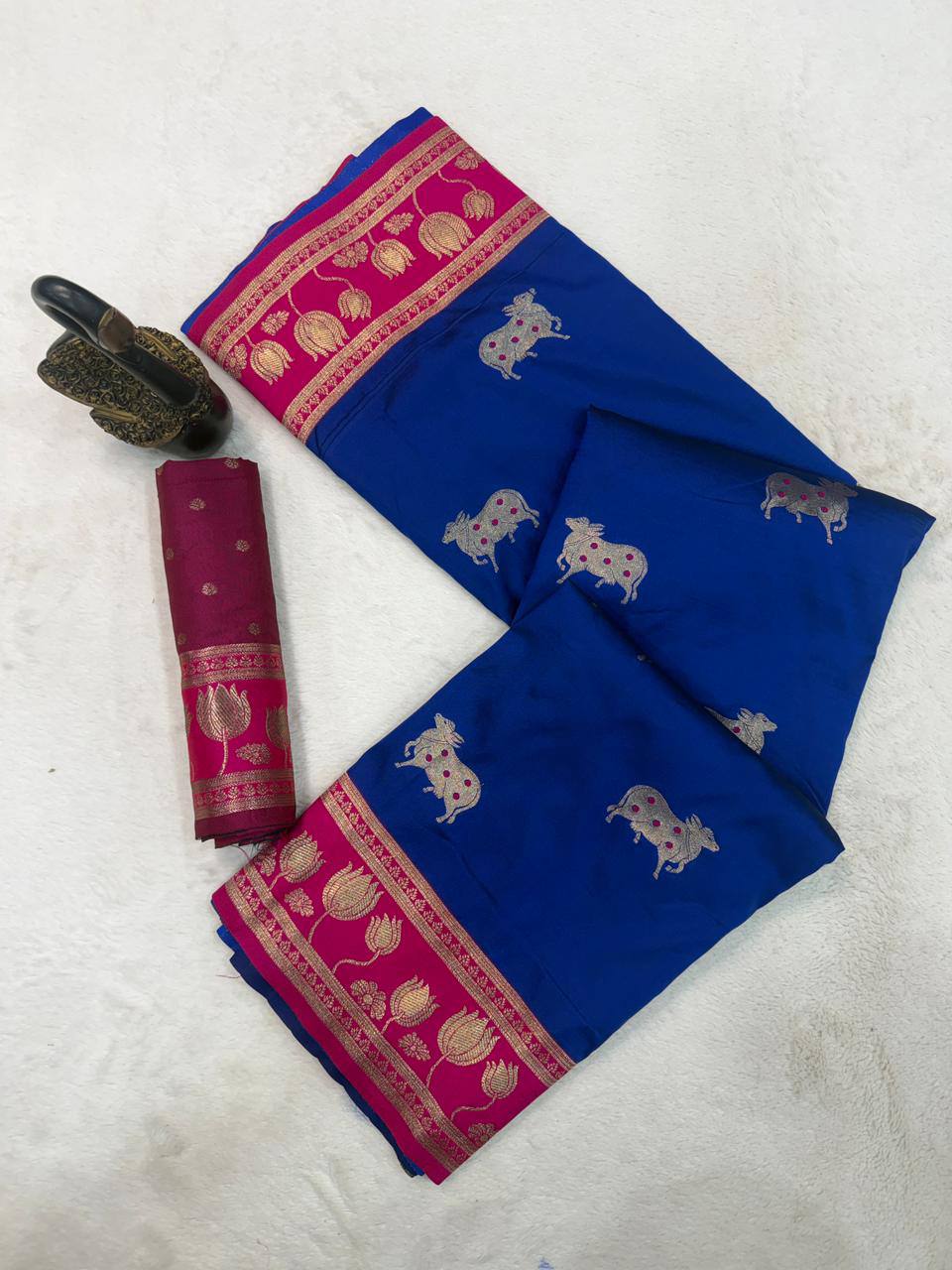 Royal Blue & icultural Premium Luxury Silk Saree with Gold Zari Animal Motifs & Lotus Border