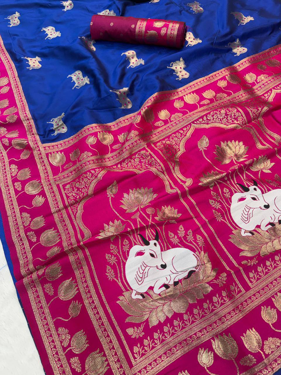 Royal Blue & icultural Premium Luxury Silk Saree with Gold Zari Animal Motifs & Lotus Border