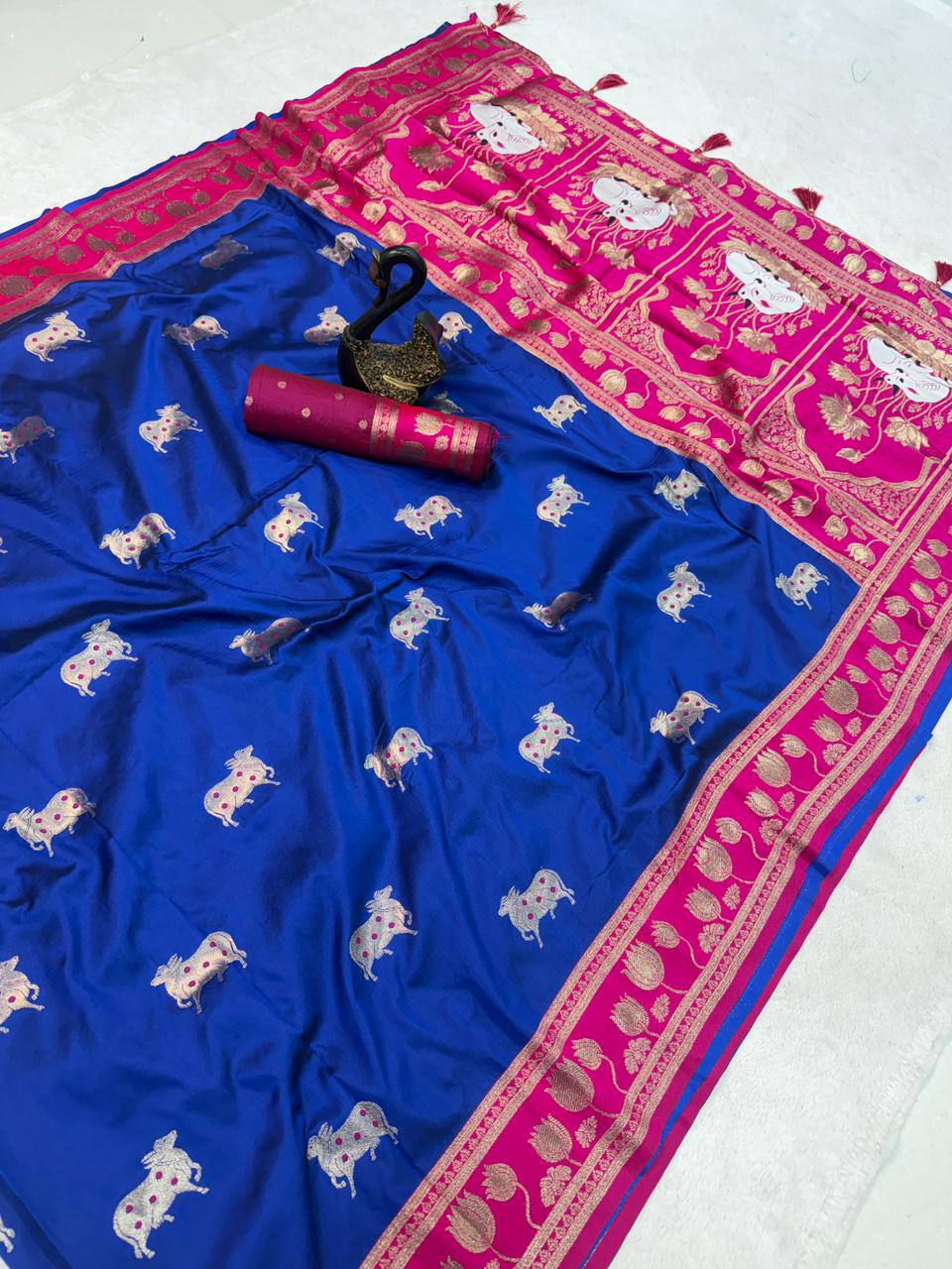 Royal Blue & icultural Premium Luxury Silk Saree with Gold Zari Animal Motifs & Lotus Border