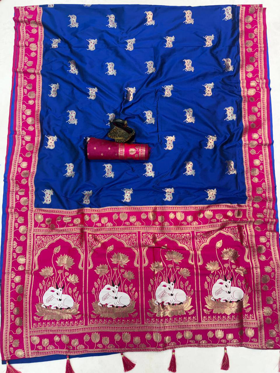 Royal Blue & icultural Premium Luxury Silk Saree with Gold Zari Animal Motifs & Lotus Border