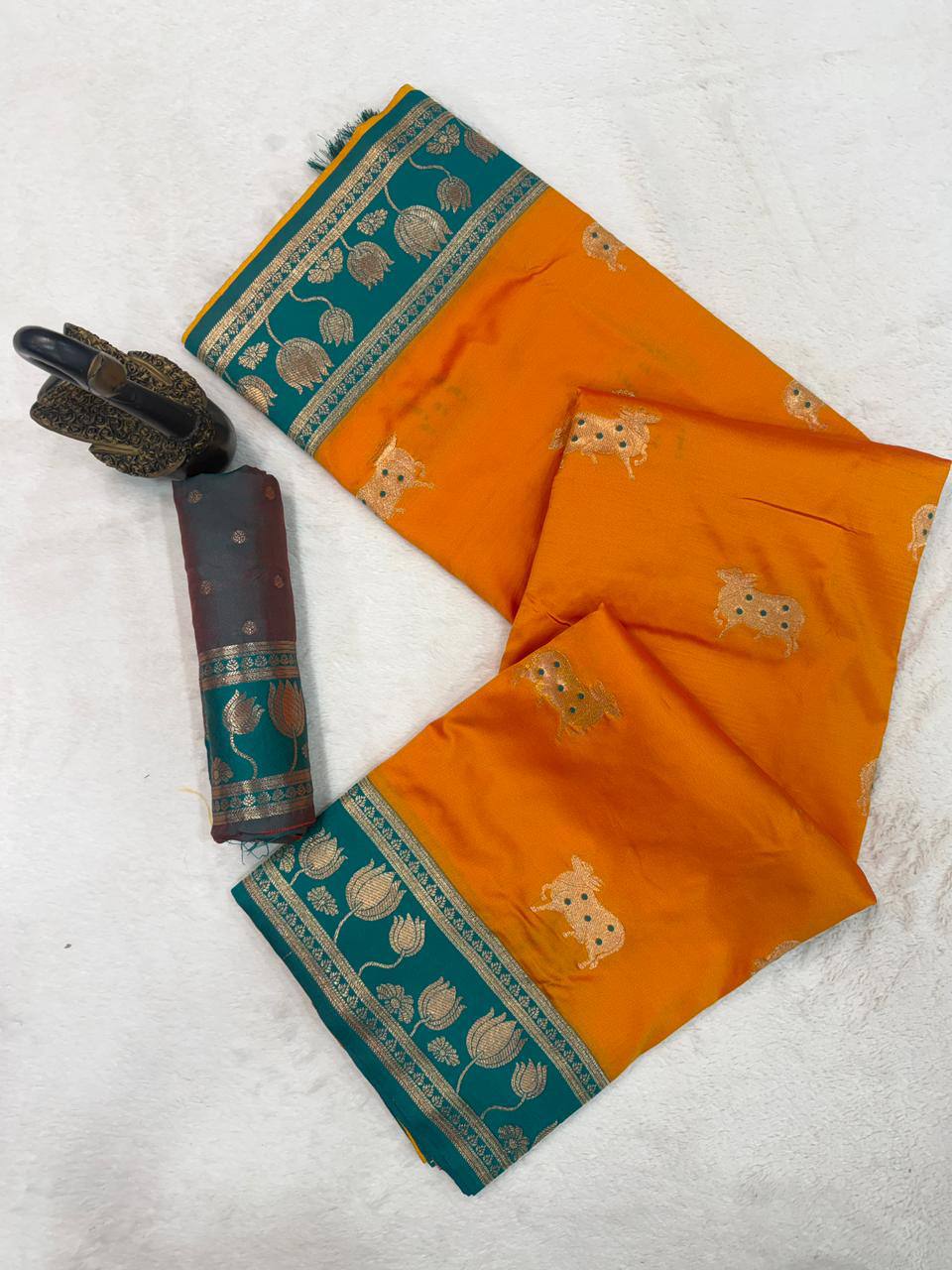 Mustard Gold & icultural Green Premium Luxury Silk Saree with Gold Zari Lotus Border & Royal Pallu