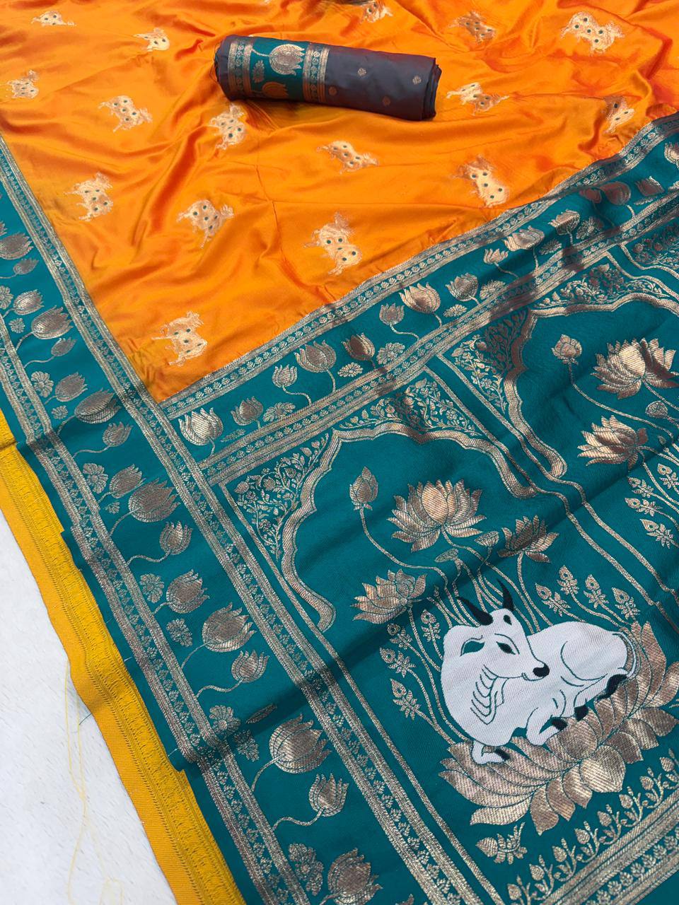 Mustard Gold & icultural Green Premium Luxury Silk Saree with Gold Zari Lotus Border & Royal Pallu