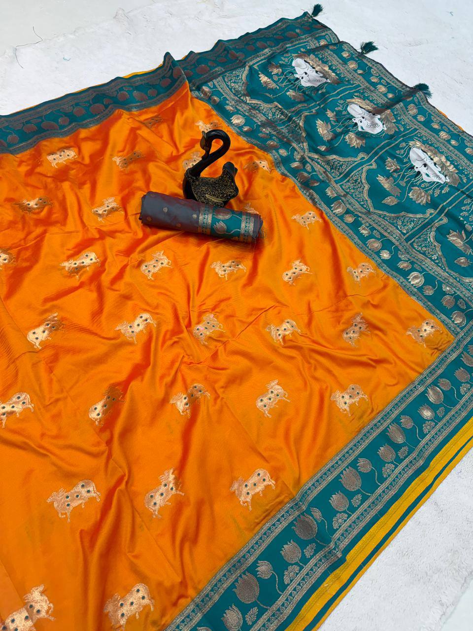 Mustard Gold & icultural Green Premium Luxury Silk Saree with Gold Zari Lotus Border & Royal Pallu