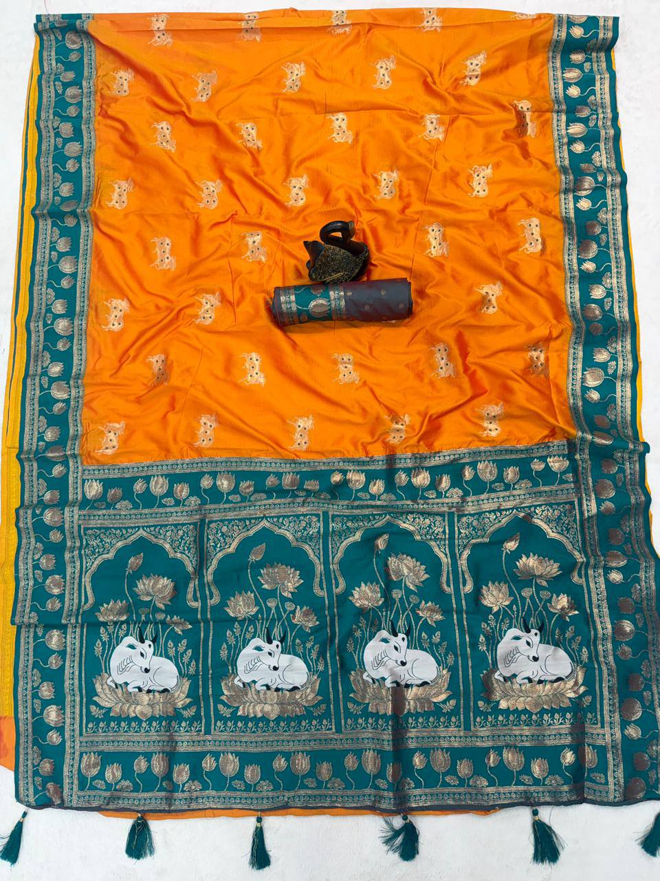 Mustard Gold & icultural Green Premium Luxury Silk Saree with Gold Zari Lotus Border & Royal Pallu