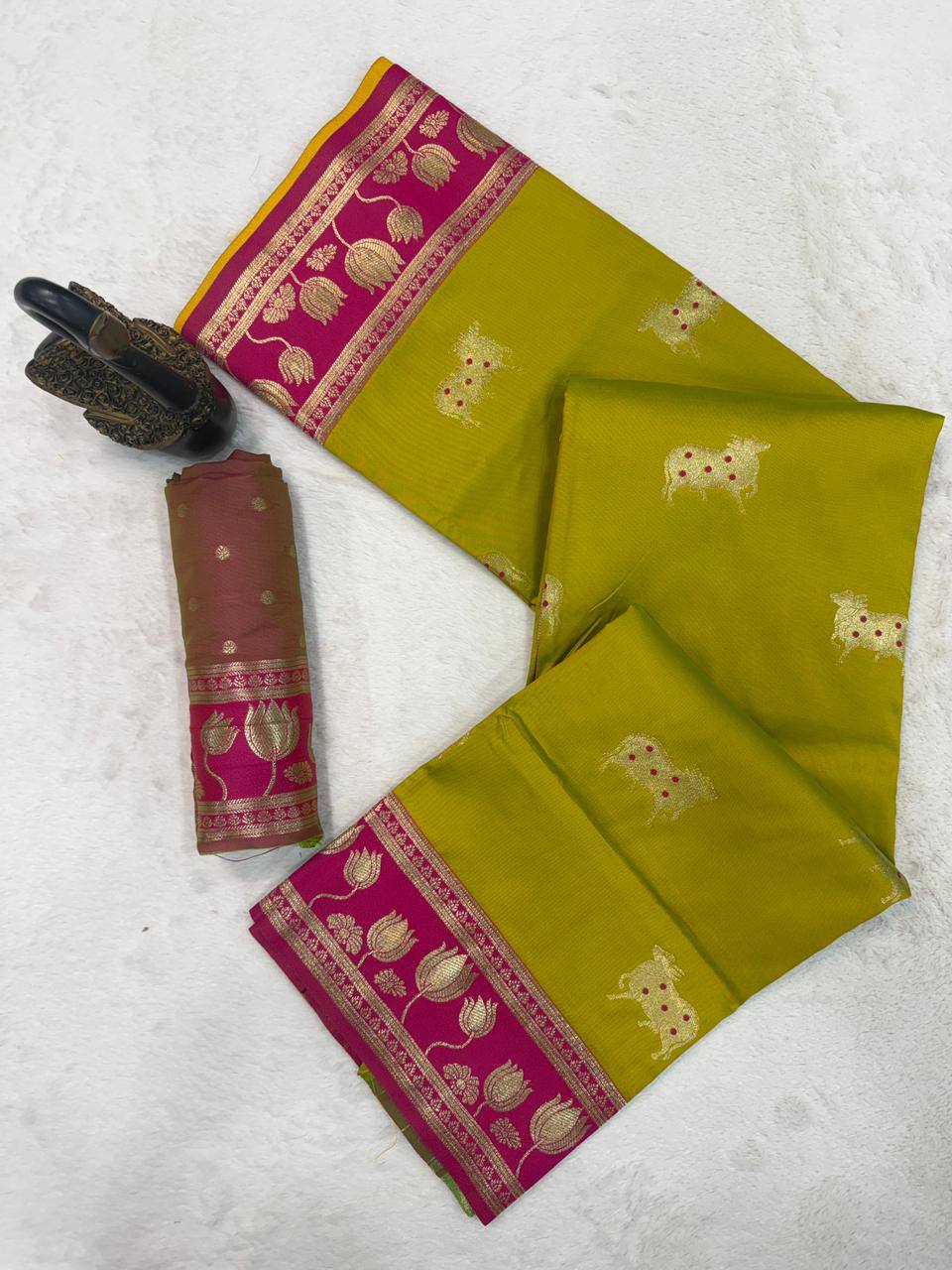 Parrot Green & icultural Premium Luxury Silk Saree with Elephant Zari Motifs & Heavy Lotus Border