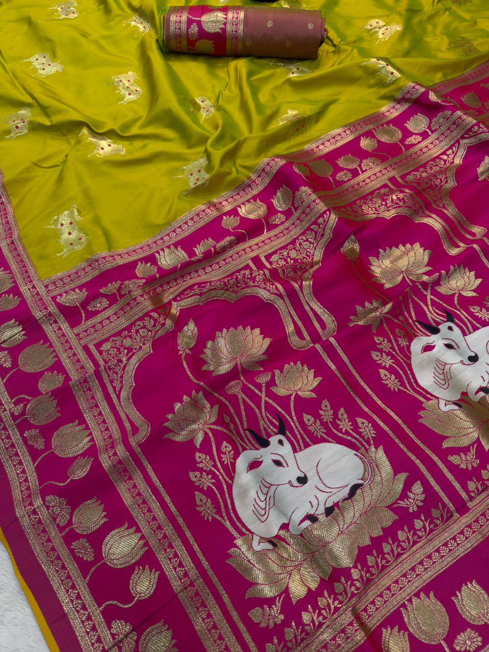 Parrot Green & icultural Premium Luxury Silk Saree with Elephant Zari Motifs & Heavy Lotus Border