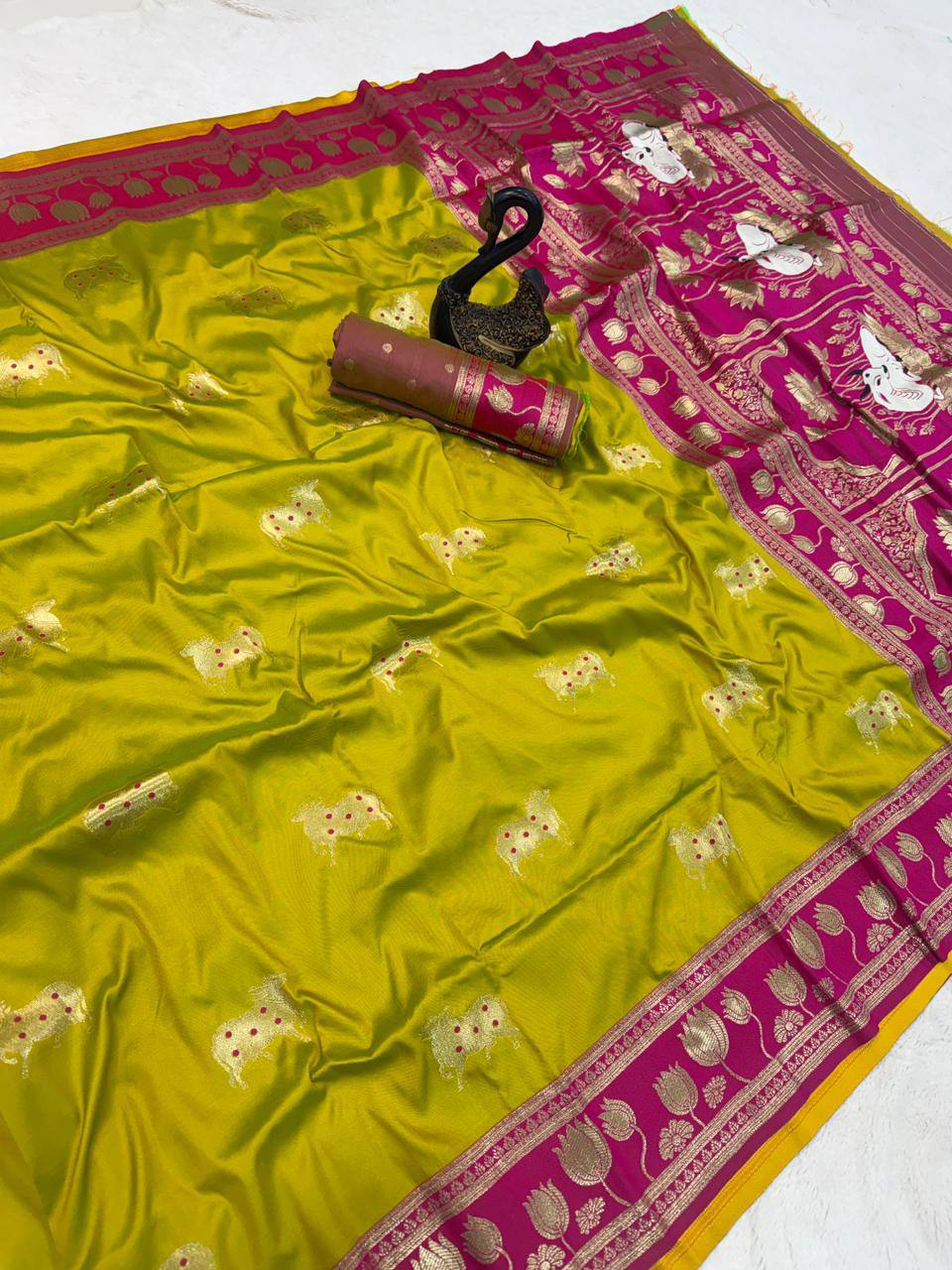 Parrot Green & icultural Premium Luxury Silk Saree with Elephant Zari Motifs & Heavy Lotus Border