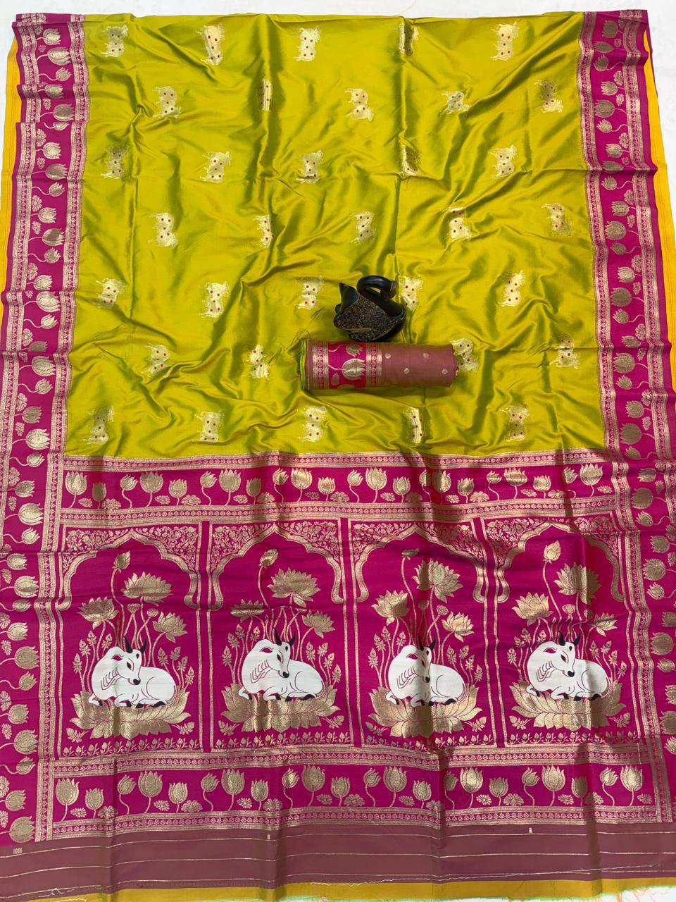 Parrot Green & icultural Premium Luxury Silk Saree with Elephant Zari Motifs & Heavy Lotus Border