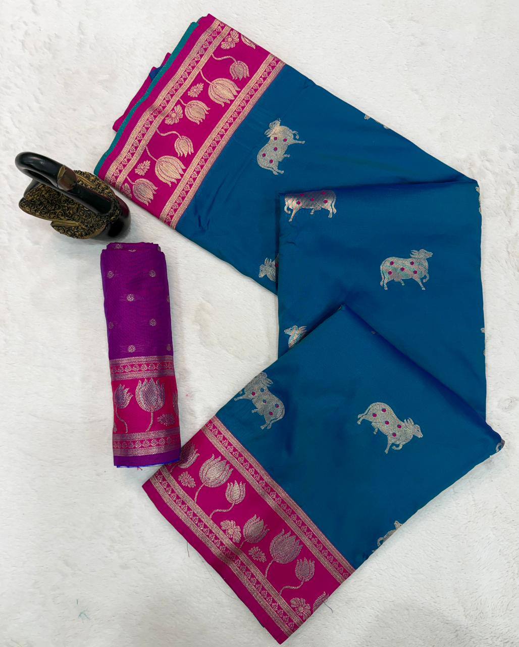 icultural Blue & icultural Premium Luxury Silk Saree with Elephant Zari Motifs & Heavy Designer Border