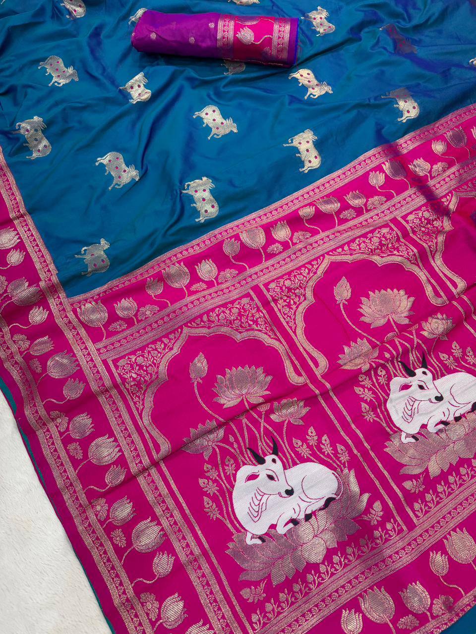 icultural Blue & icultural Premium Luxury Silk Saree with Elephant Zari Motifs & Heavy Designer Border