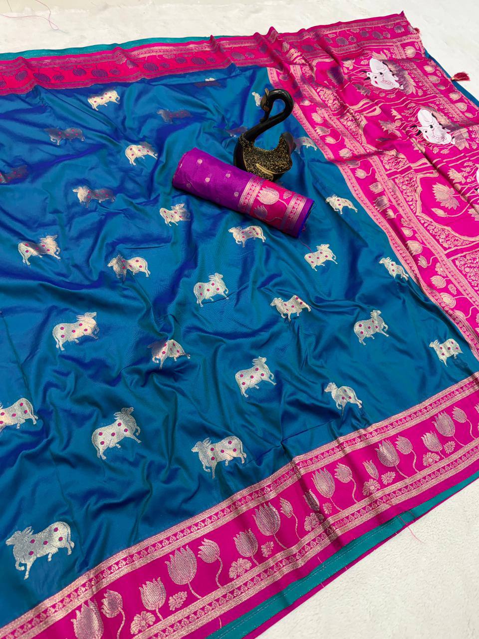 icultural Blue & icultural Premium Luxury Silk Saree with Elephant Zari Motifs & Heavy Designer Border