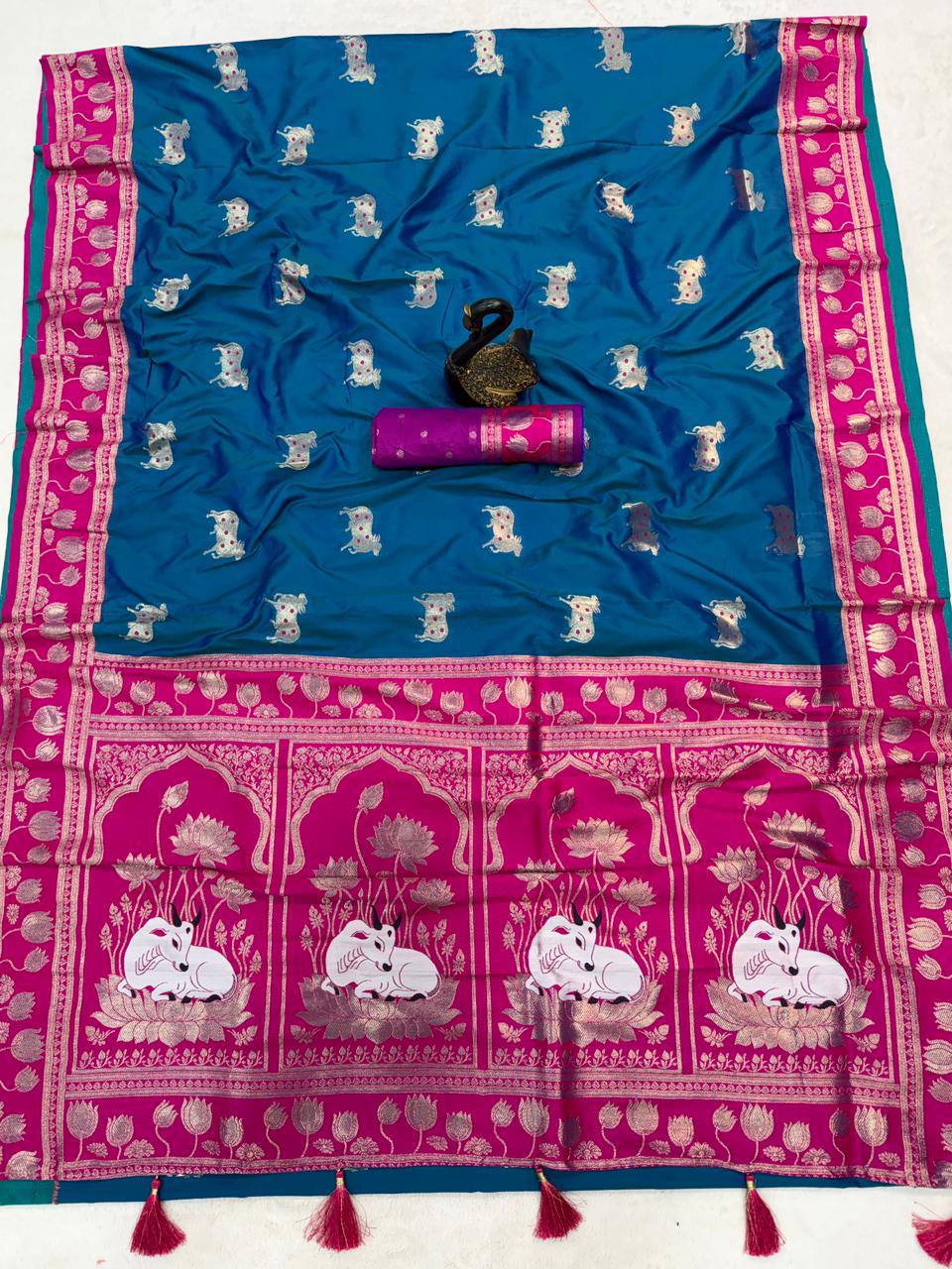 icultural Blue & icultural Premium Luxury Silk Saree with Elephant Zari Motifs & Heavy Designer Border