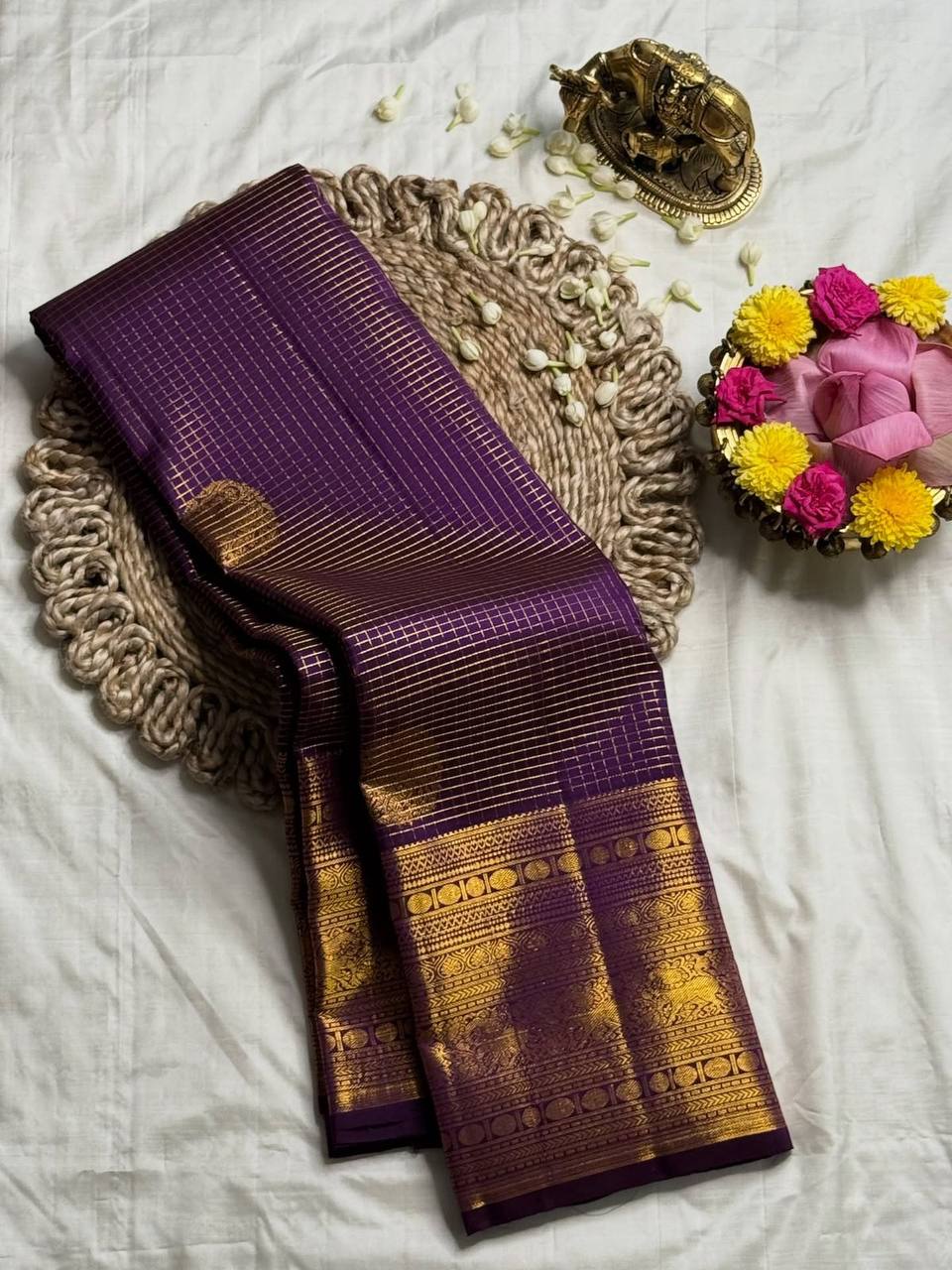 Regal Amethyst Purple Premium Luxury Banarasi Silk Saree with Grand icultural Gold Zari Border
