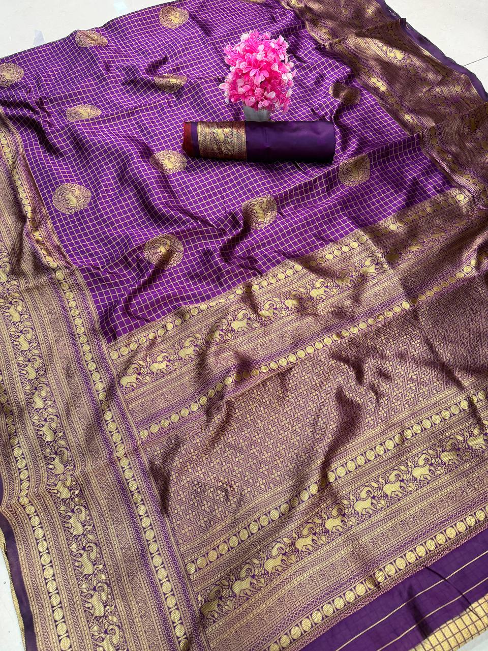 Regal Amethyst Purple Premium Luxury Banarasi Silk Saree with Grand icultural Gold Zari Border