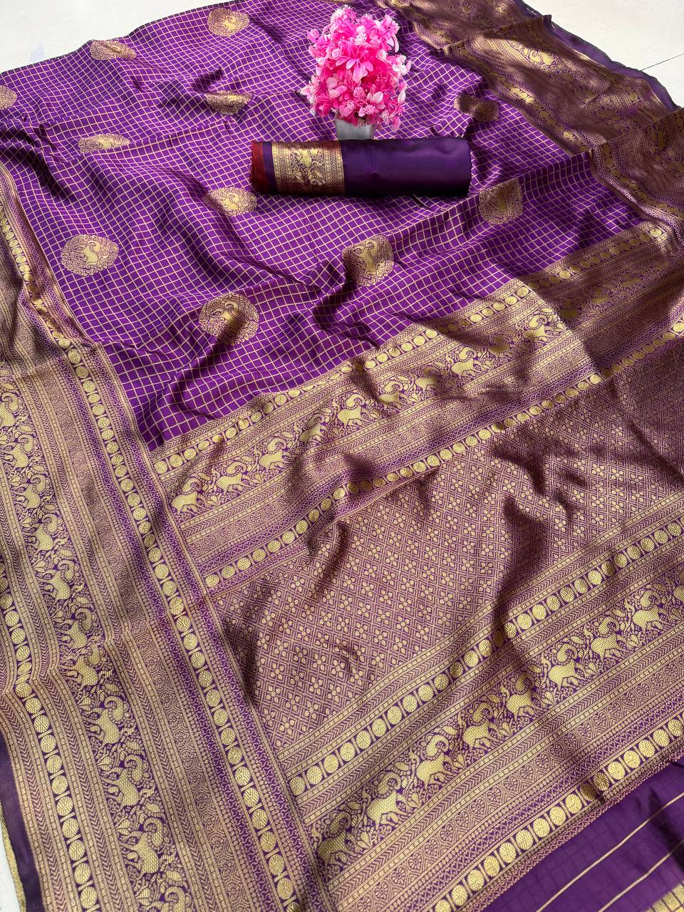 Regal Amethyst Purple Premium Luxury Banarasi Silk Saree with Grand icultural Gold Zari Border
