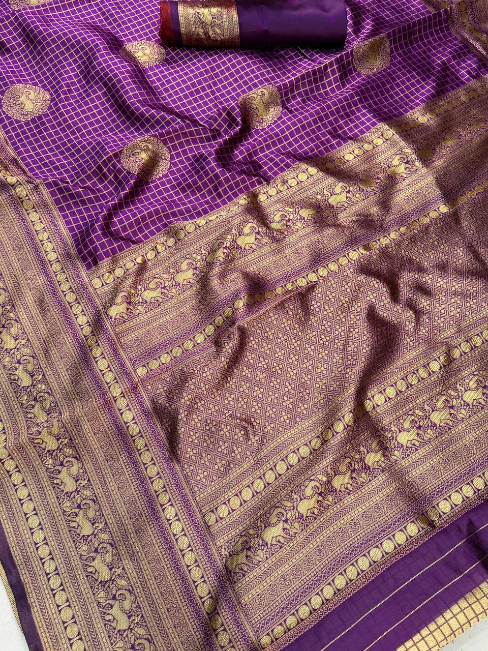 Regal Amethyst Purple Premium Luxury Banarasi Silk Saree with Grand icultural Gold Zari Border