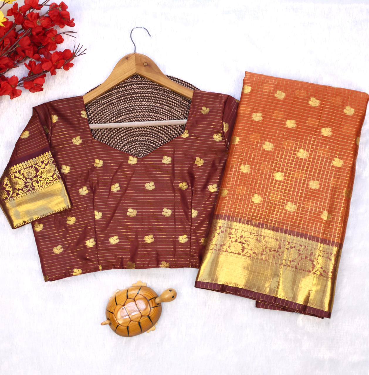 Royal Rust Orange Premium Luxury Silk Saree with Wine Zari Stripes & icultural Gold Border