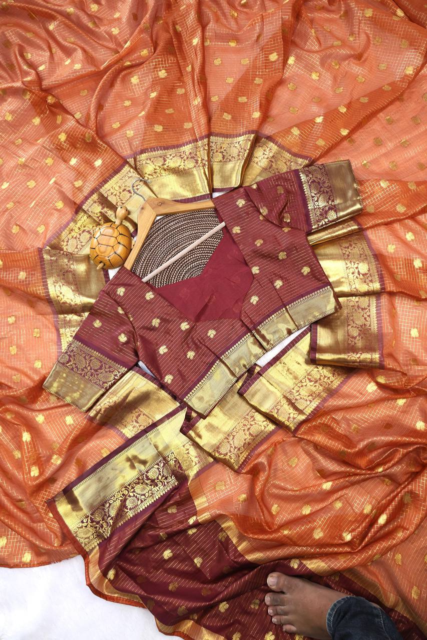 Royal Rust Orange Premium Luxury Silk Saree with Wine Zari Stripes & icultural Gold Border
