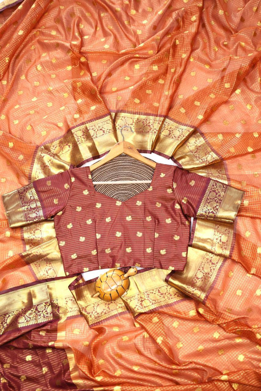 Royal Rust Orange Premium Luxury Silk Saree with Wine Zari Stripes & icultural Gold Border
