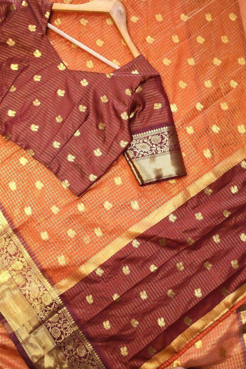 Royal Rust Orange Premium Luxury Silk Saree with Wine Zari Stripes & icultural Gold Border