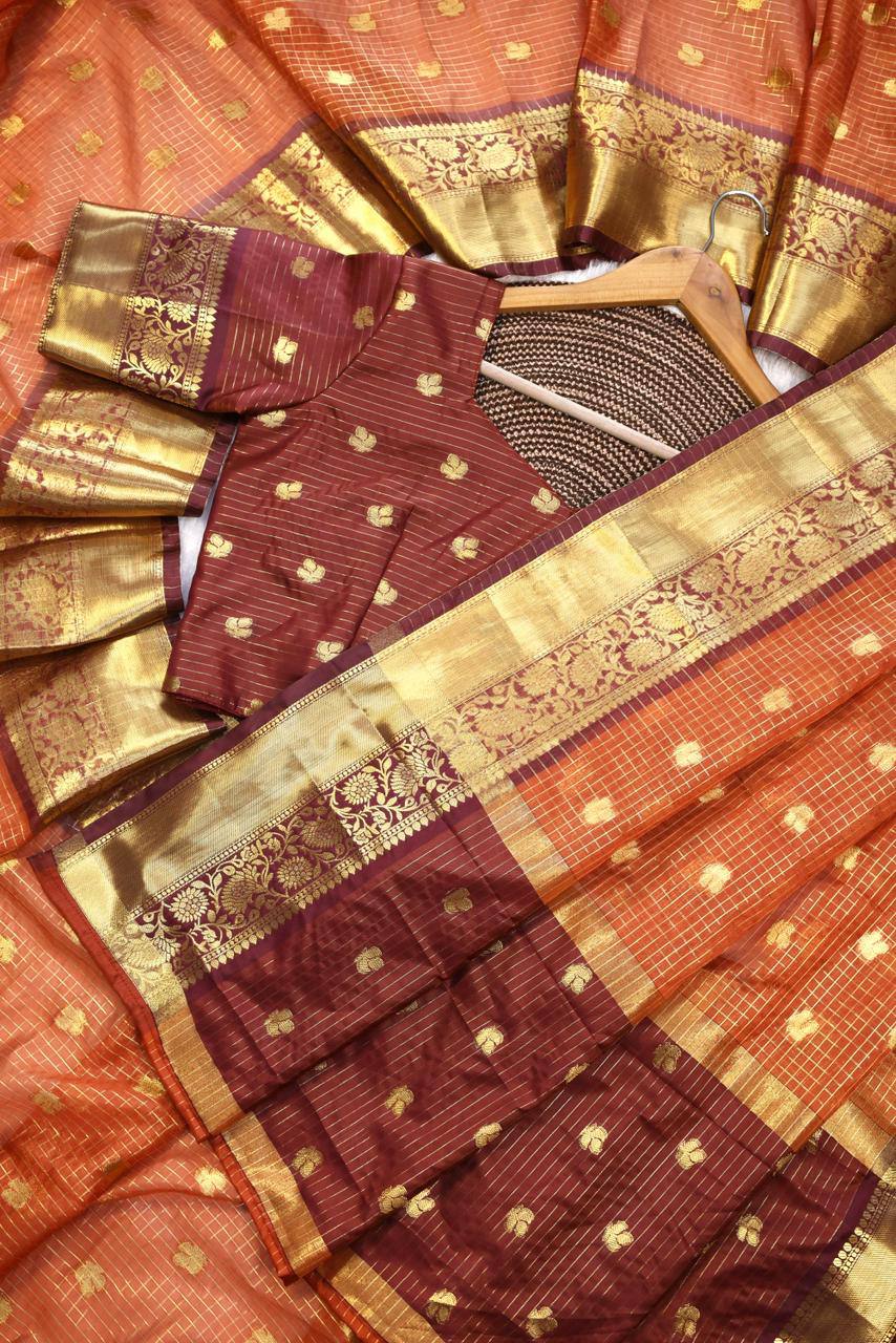 Royal Rust Orange Premium Luxury Silk Saree with Wine Zari Stripes & icultural Gold Border