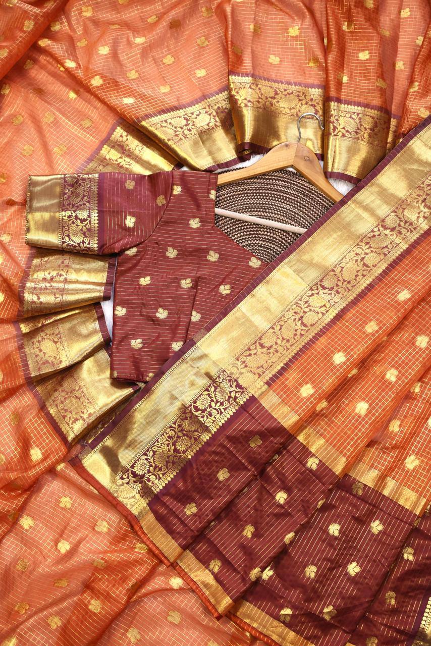 Royal Rust Orange Premium Luxury Silk Saree with Wine Zari Stripes & icultural Gold Border