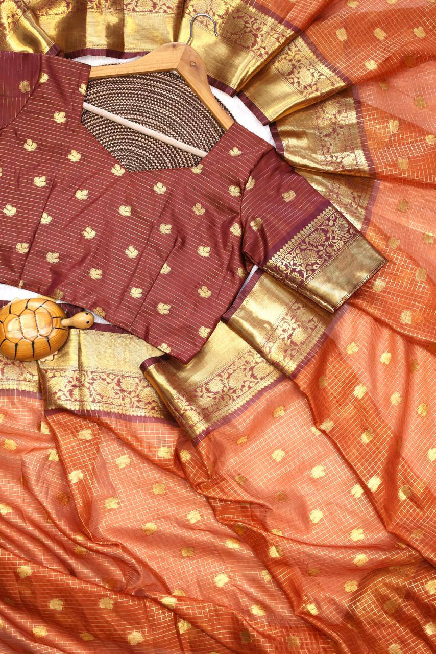 Royal Rust Orange Premium Luxury Silk Saree with Wine Zari Stripes & icultural Gold Border