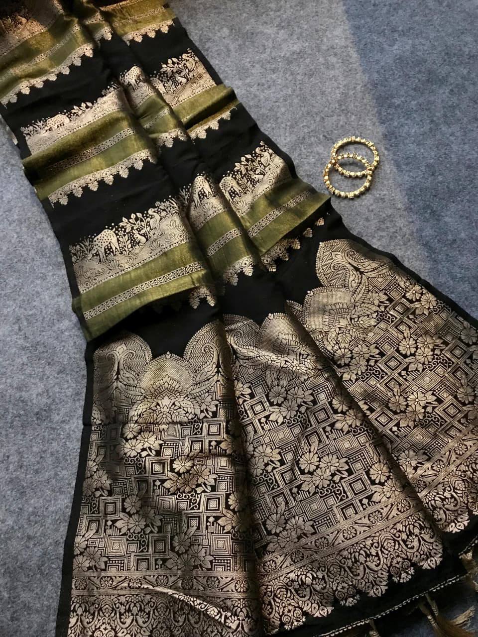 Midnight Black Premium Luxury Silk Saree with Olive Zari Stripes & icultural Gold Woven Pallu