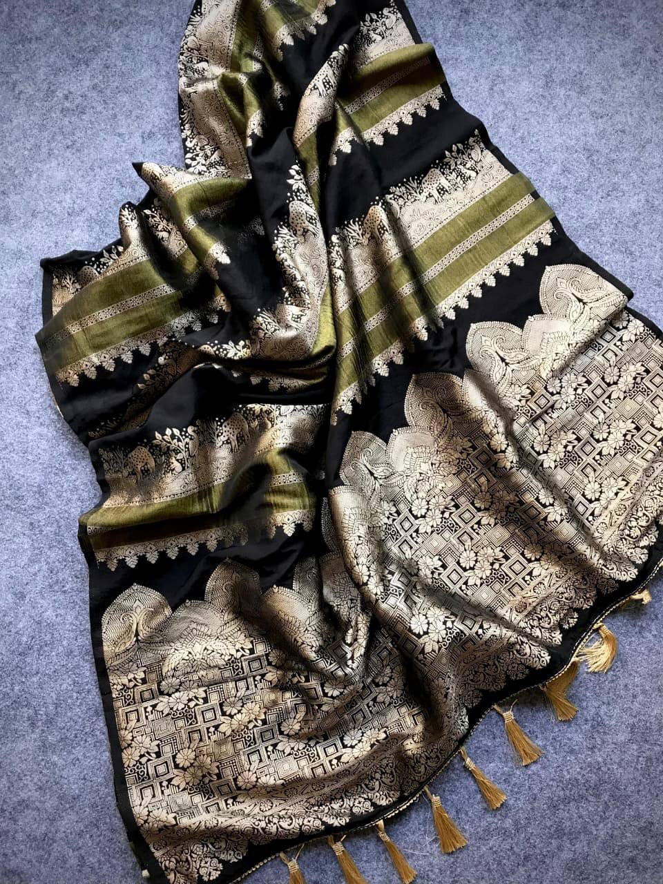 Midnight Black Premium Luxury Silk Saree with Olive Zari Stripes & icultural Gold Woven Pallu