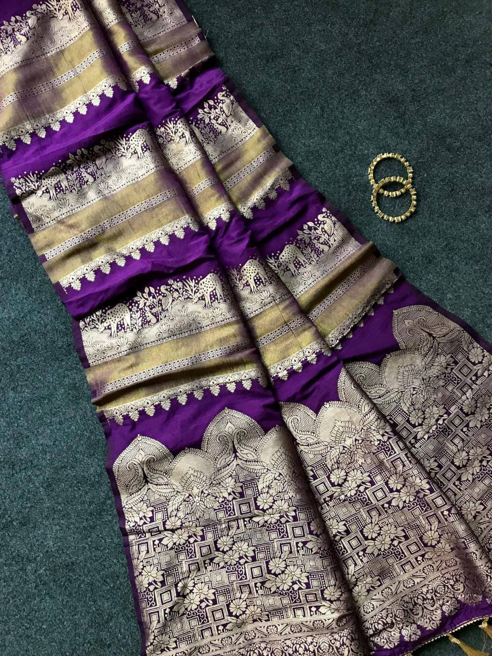 Royal Purple Premium Luxury Silk Saree with icultural Gold Zari Stripes & Heritage Woven Pallu