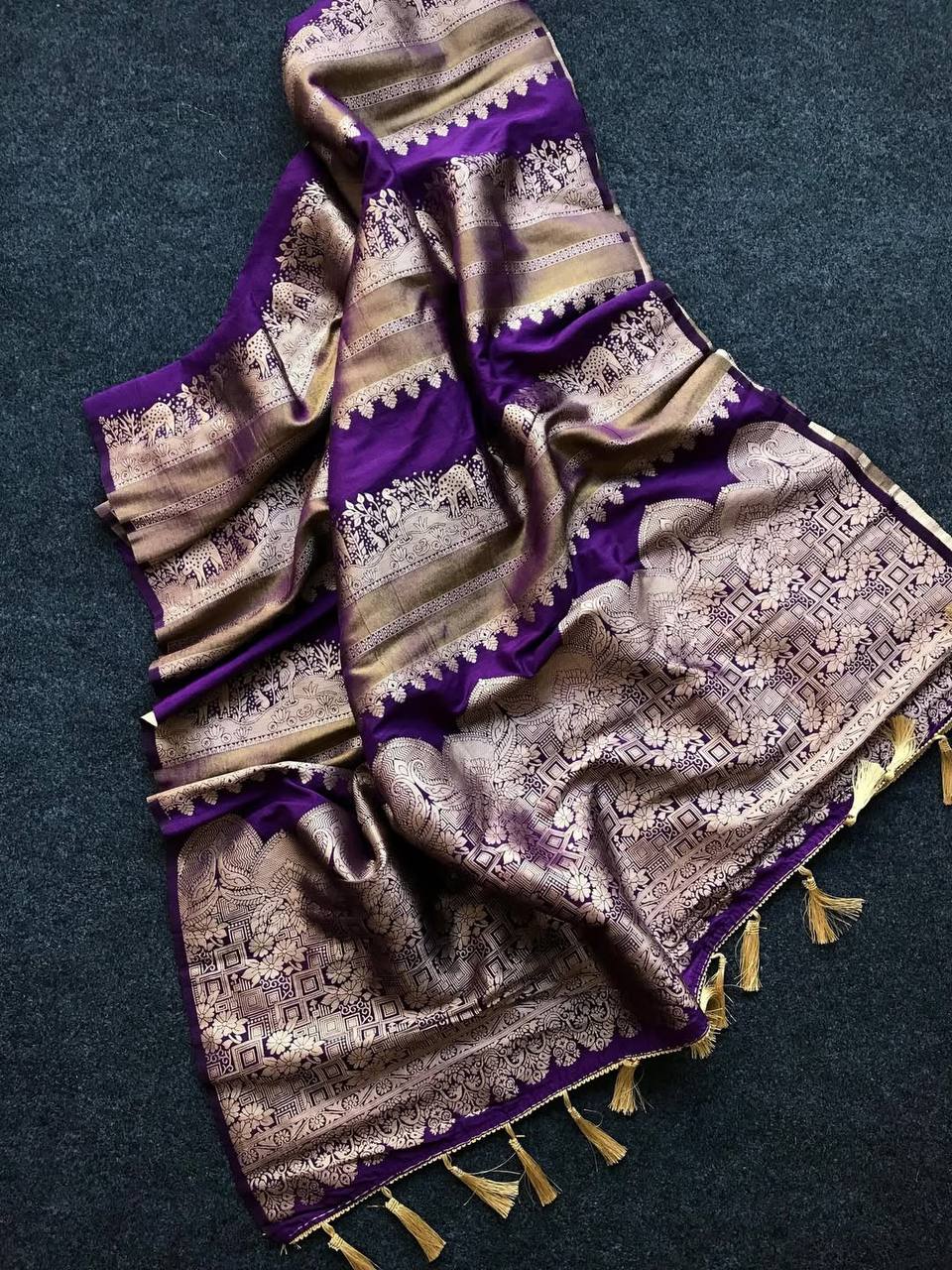 Royal Purple Premium Luxury Silk Saree with icultural Gold Zari Stripes & Heritage Woven Pallu