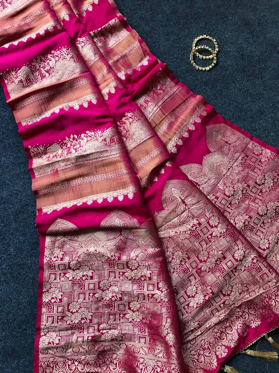 Royal Rani Pink Premium Luxury Silk Saree with icultural Gold Zari Motifs & Heritage Tassel Pallu