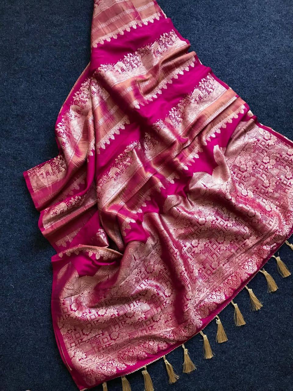 Royal Rani Pink Premium Luxury Silk Saree with icultural Gold Zari Motifs & Heritage Tassel Pallu