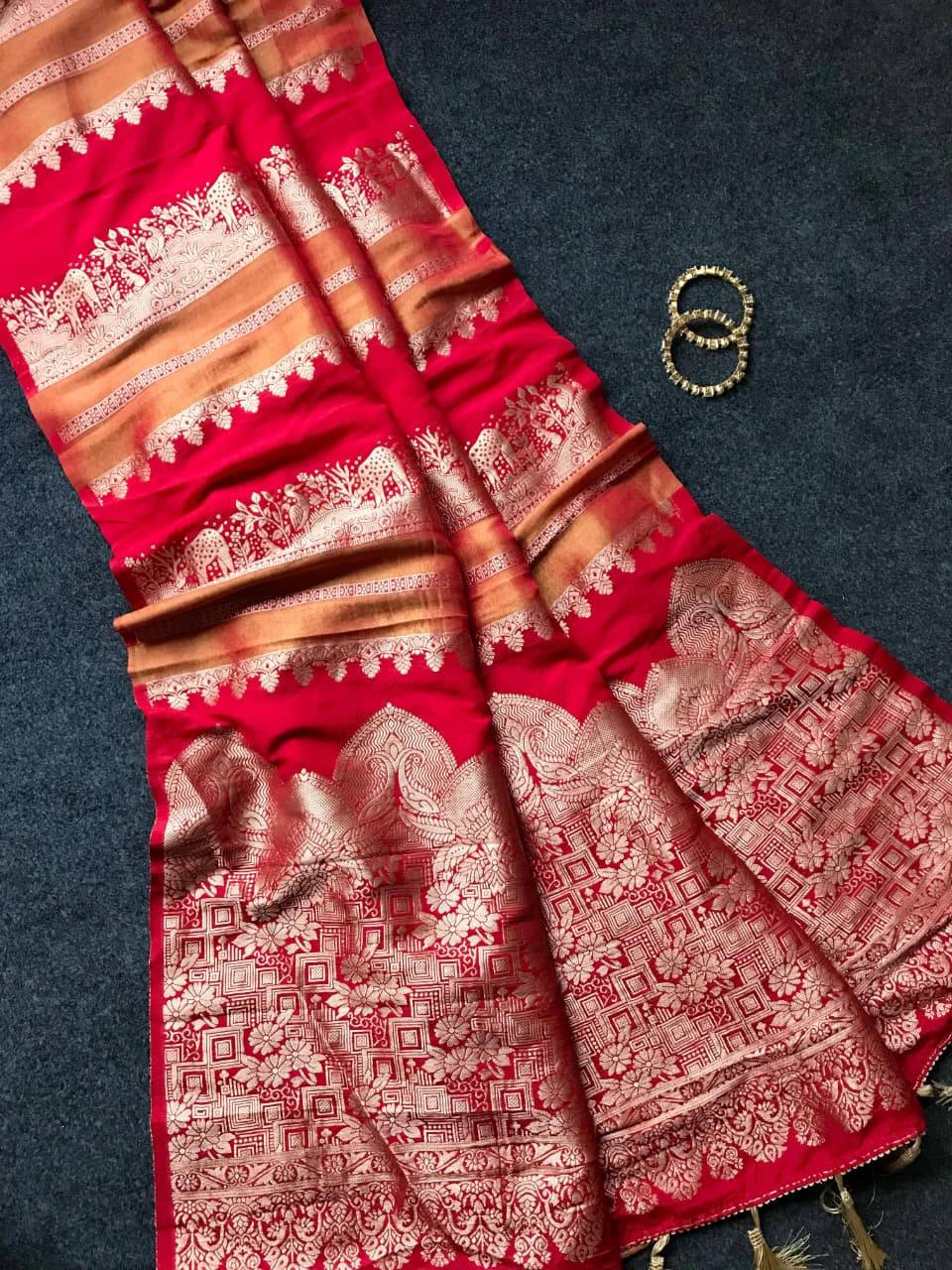 Imperial Ruby Red Premium Luxury Silk Saree with icultural Gold Zari Borders & Heritage Tassel Pallu