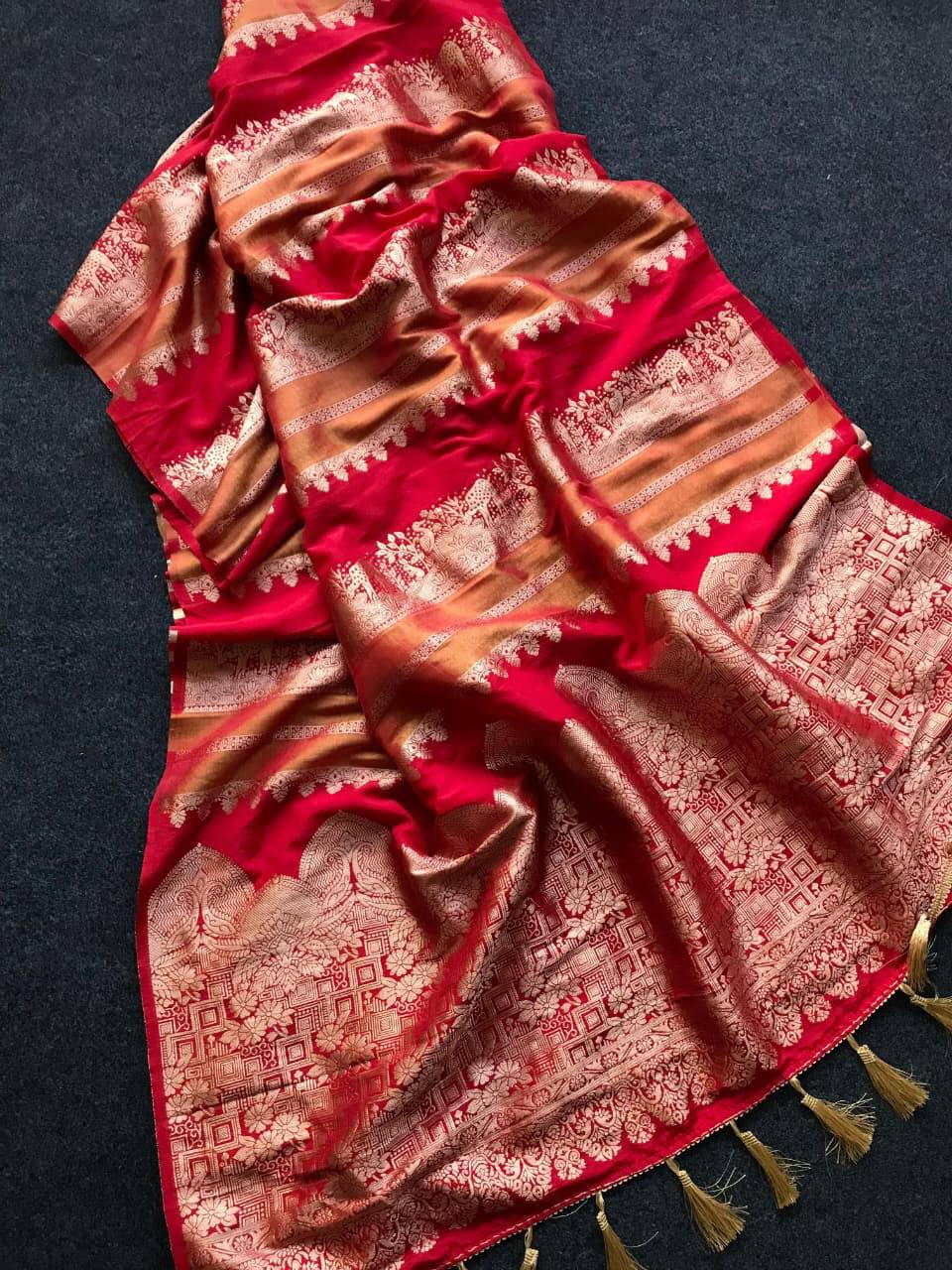 Imperial Ruby Red Premium Luxury Silk Saree with icultural Gold Zari Borders & Heritage Tassel Pallu