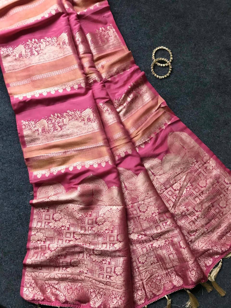 Royal Rosewood Pink Premium Luxury Silk Saree with icultural Gold Zari Heritage Borders & Tassel Pallu