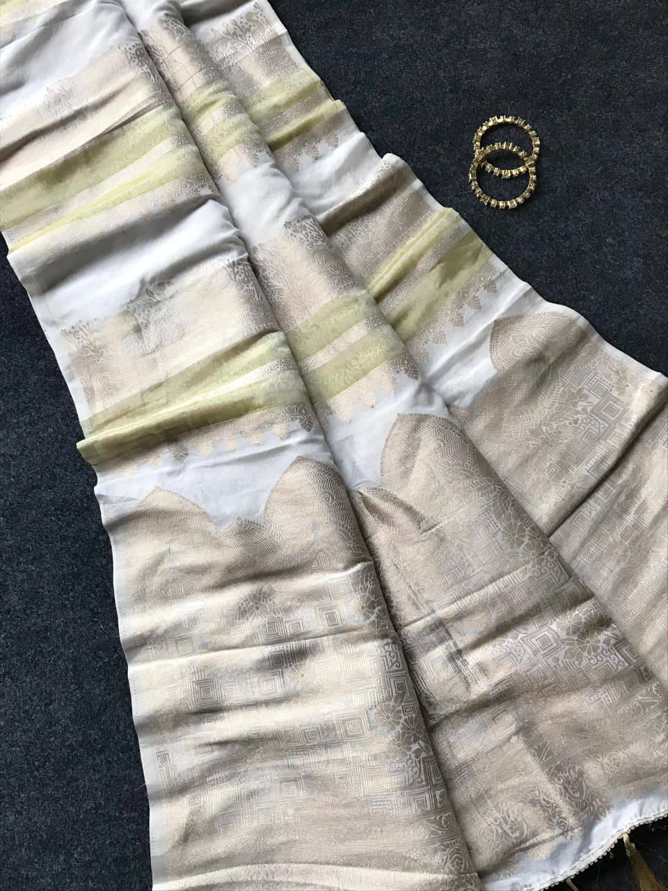 Pearl icultural Premium Luxury Silk Saree with Soft icultural Gold Zari Panels & Royal Tassel Finish