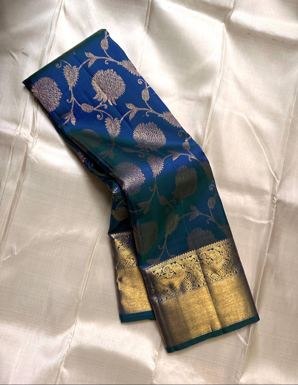 Royal icultural Blue Premium Luxury Silk Saree with icultural Gold Zari Floral Weave & Regal Border